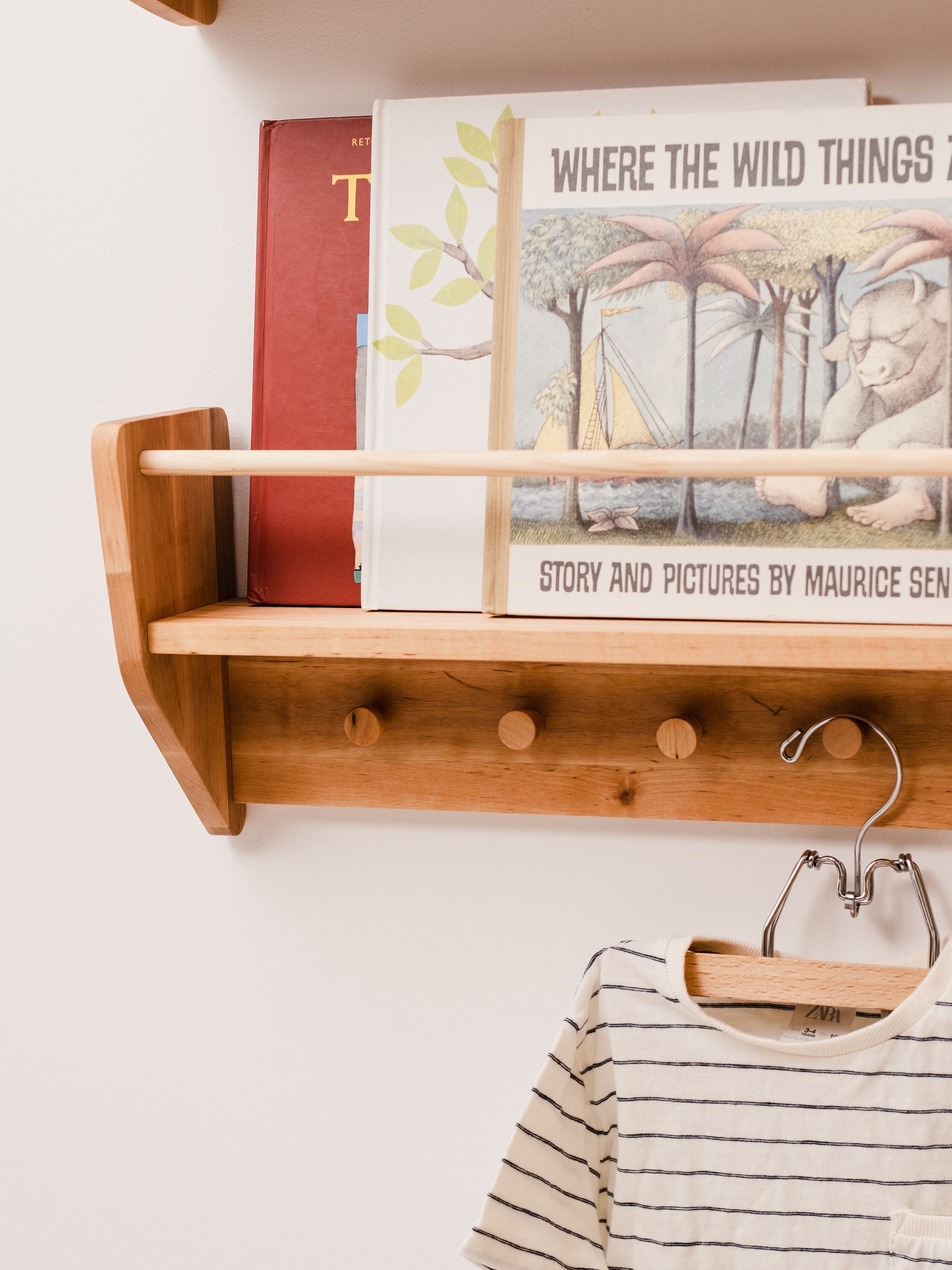 Nursery Decor Art, Gift For Child, Kids Room Shelf With Hooks Nursery Shelves, Kids Wall Bookshelf, Babyroom Decoration