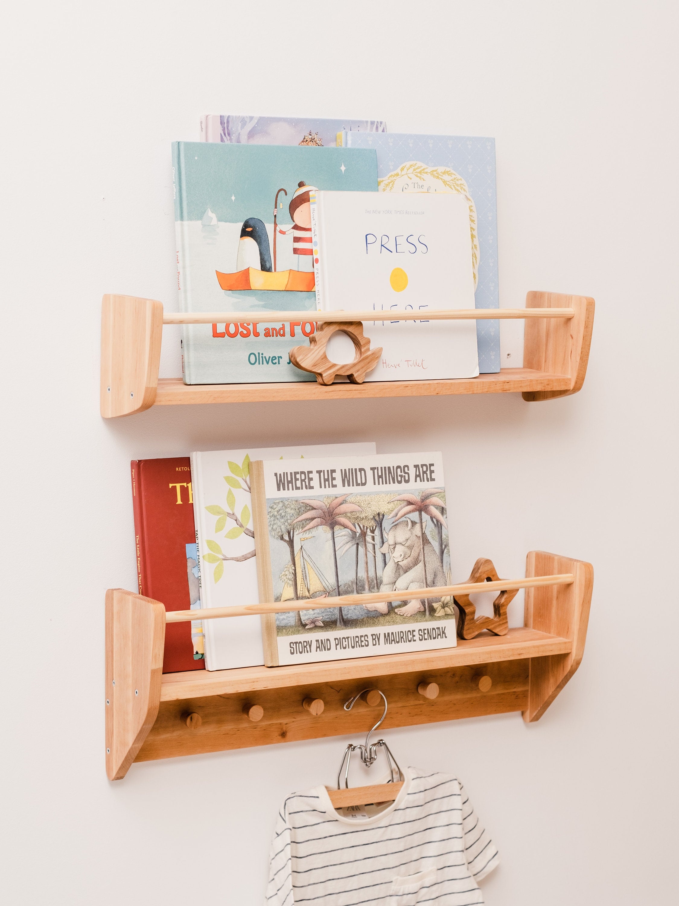 Nursery Decor Art, Gift For Child, Kids Room Shelf With Hooks Nursery Shelves, Kids Wall Bookshelf, Babyroom Decoration