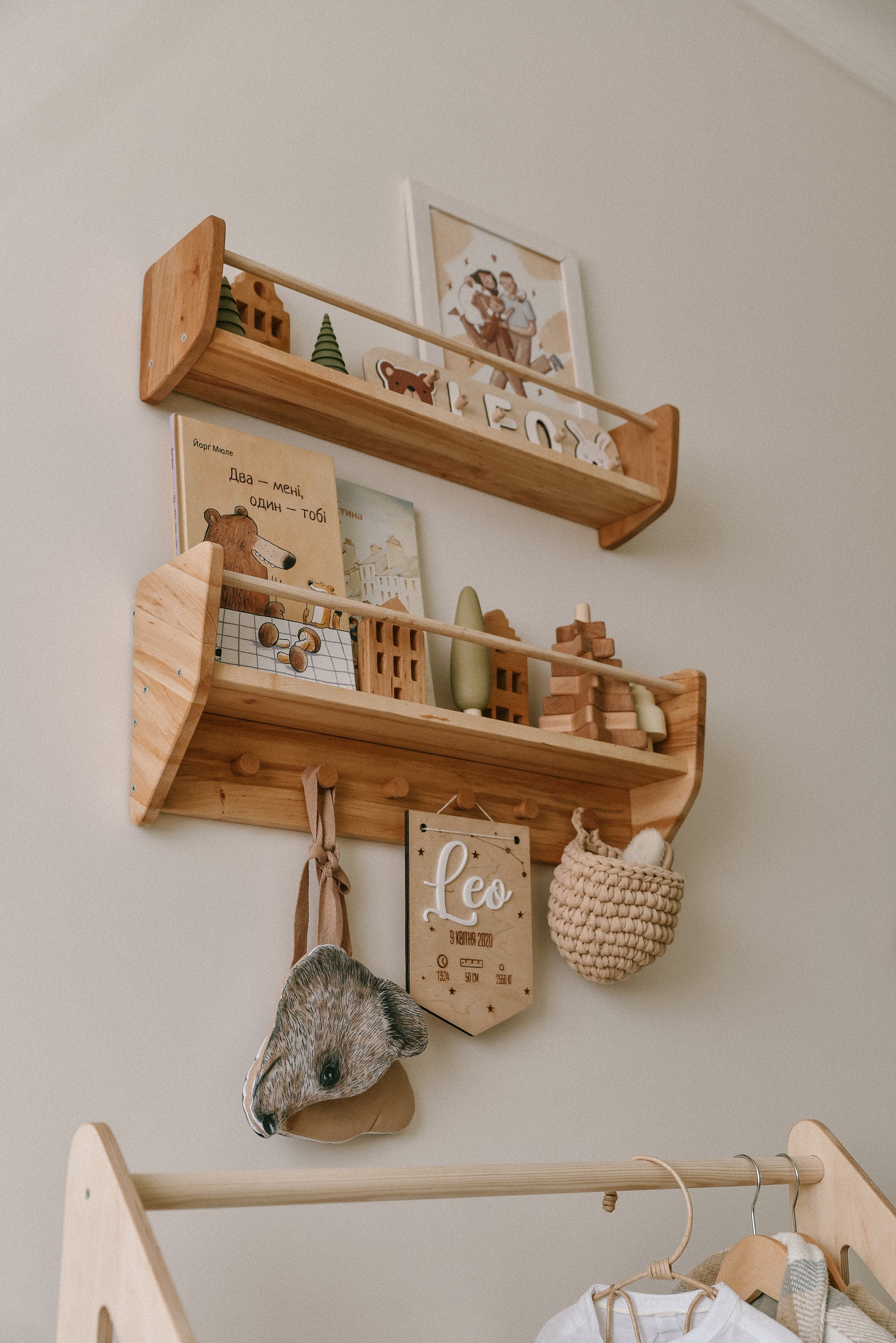 Nursery Shelves Wall Decor, Montessori Baby & Kids Room Shelves, Wood Floating Shelf With Hooks, Babyroom Decoration, Toddler Gift