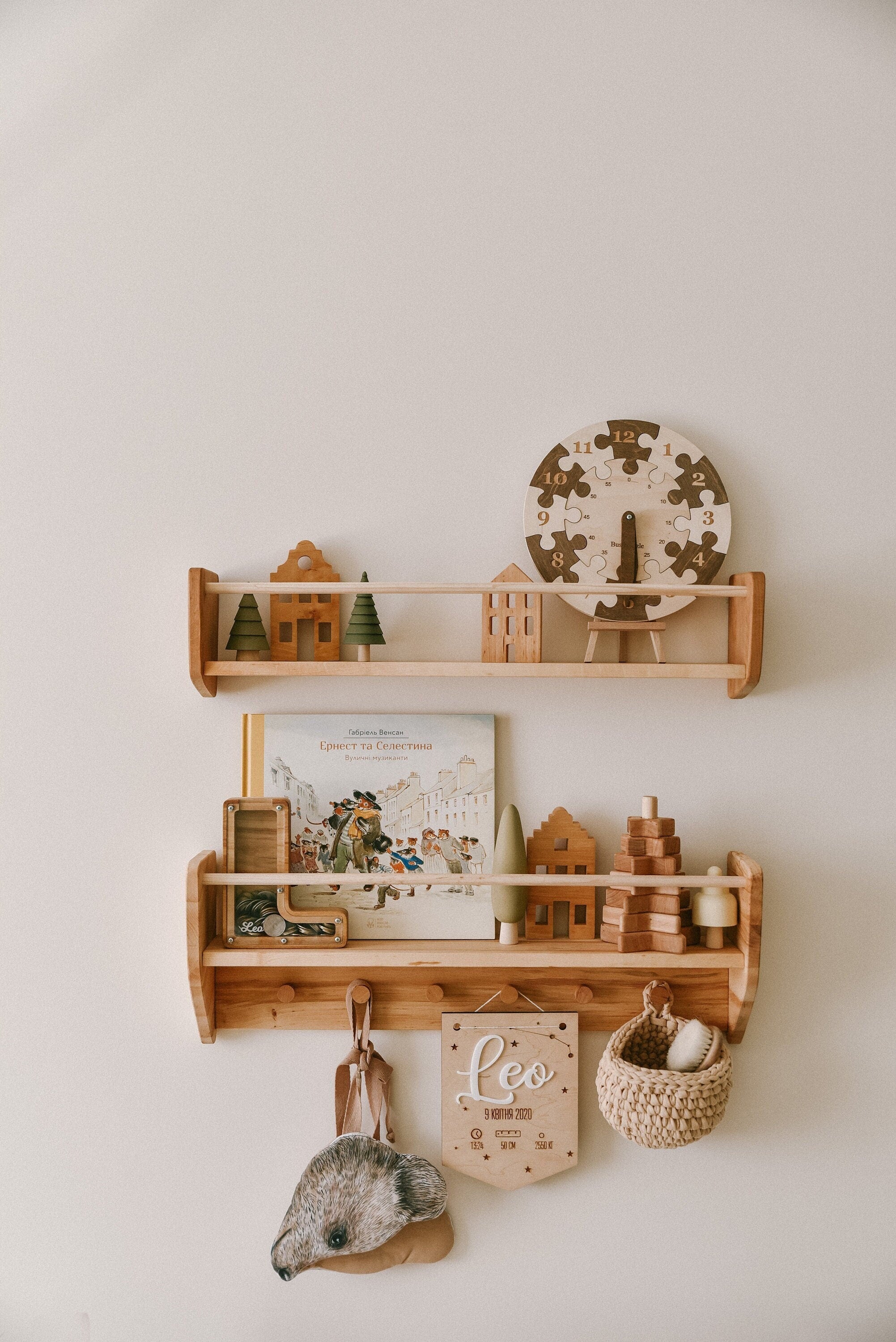 Montessori Baby & Kids Room Shelf With Hooks, Nursery Shelves, Kids Room Decor, Baby Room Decoration, Nursery Decor, Montessori Toddler