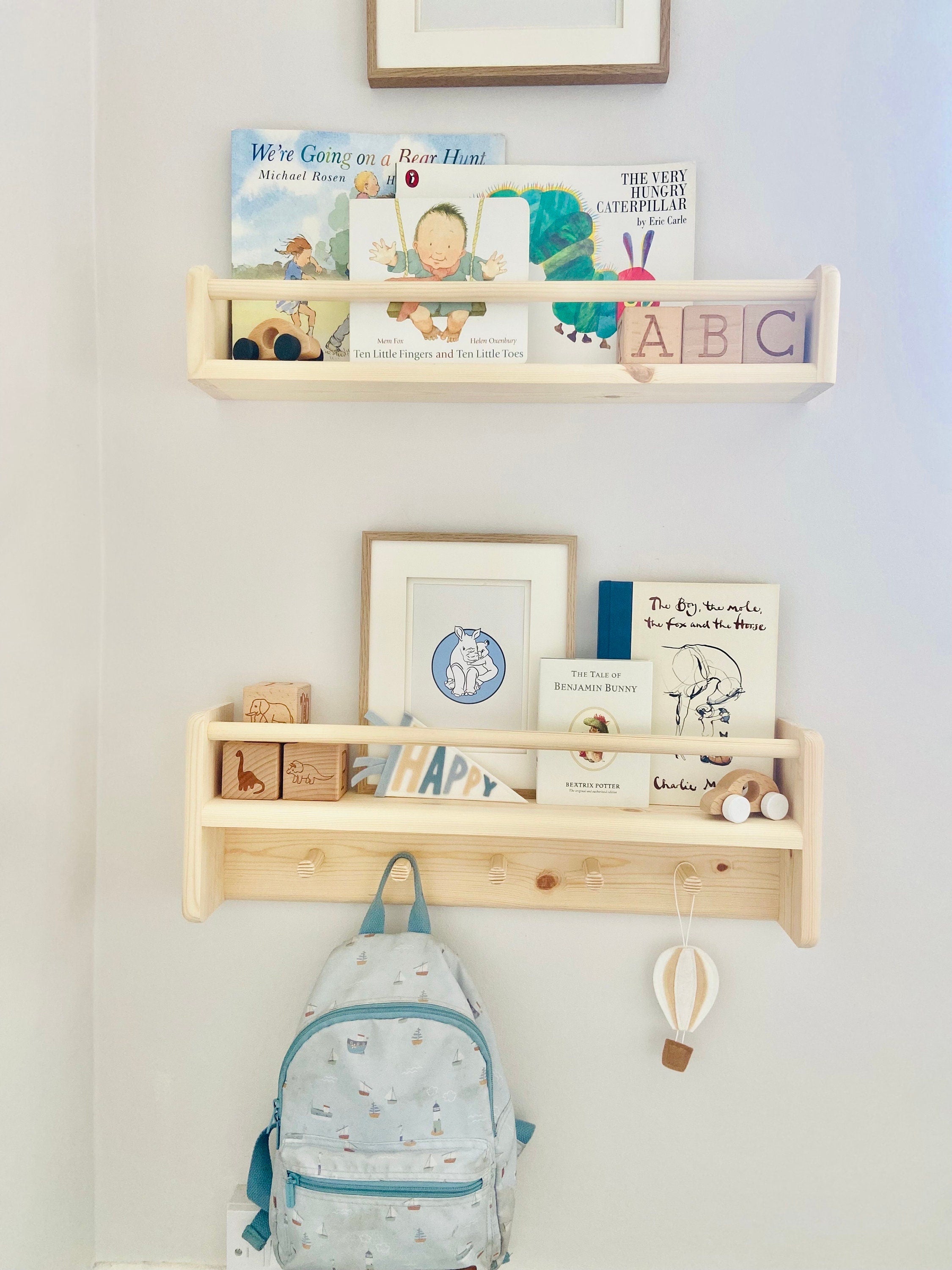 Handmade Nursery Shelf Set: Wooden Bookshelf & Peg Rail