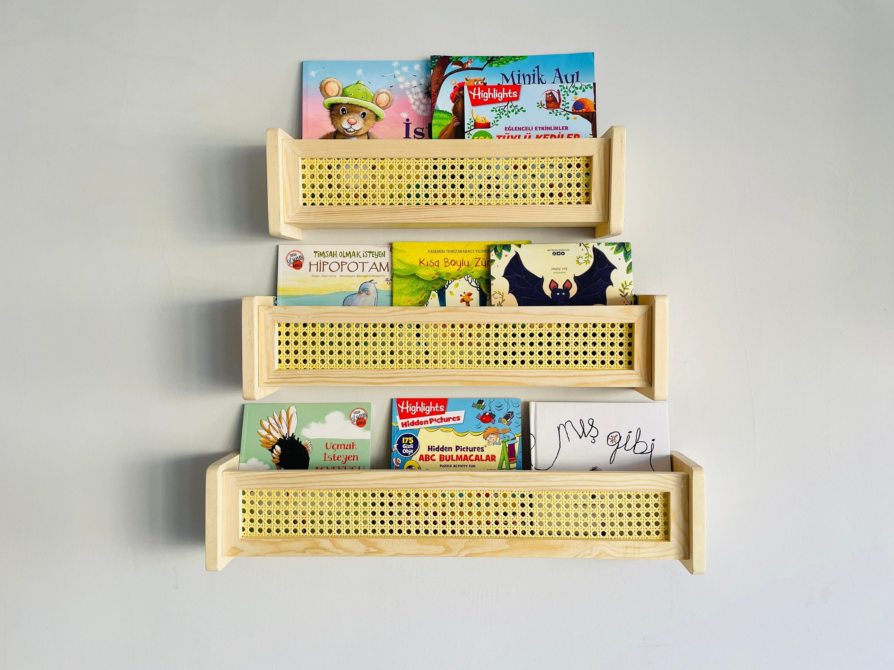 Rattan Bookshelf Wall Shelf - Kids Room Decor, Nursery Shelves.