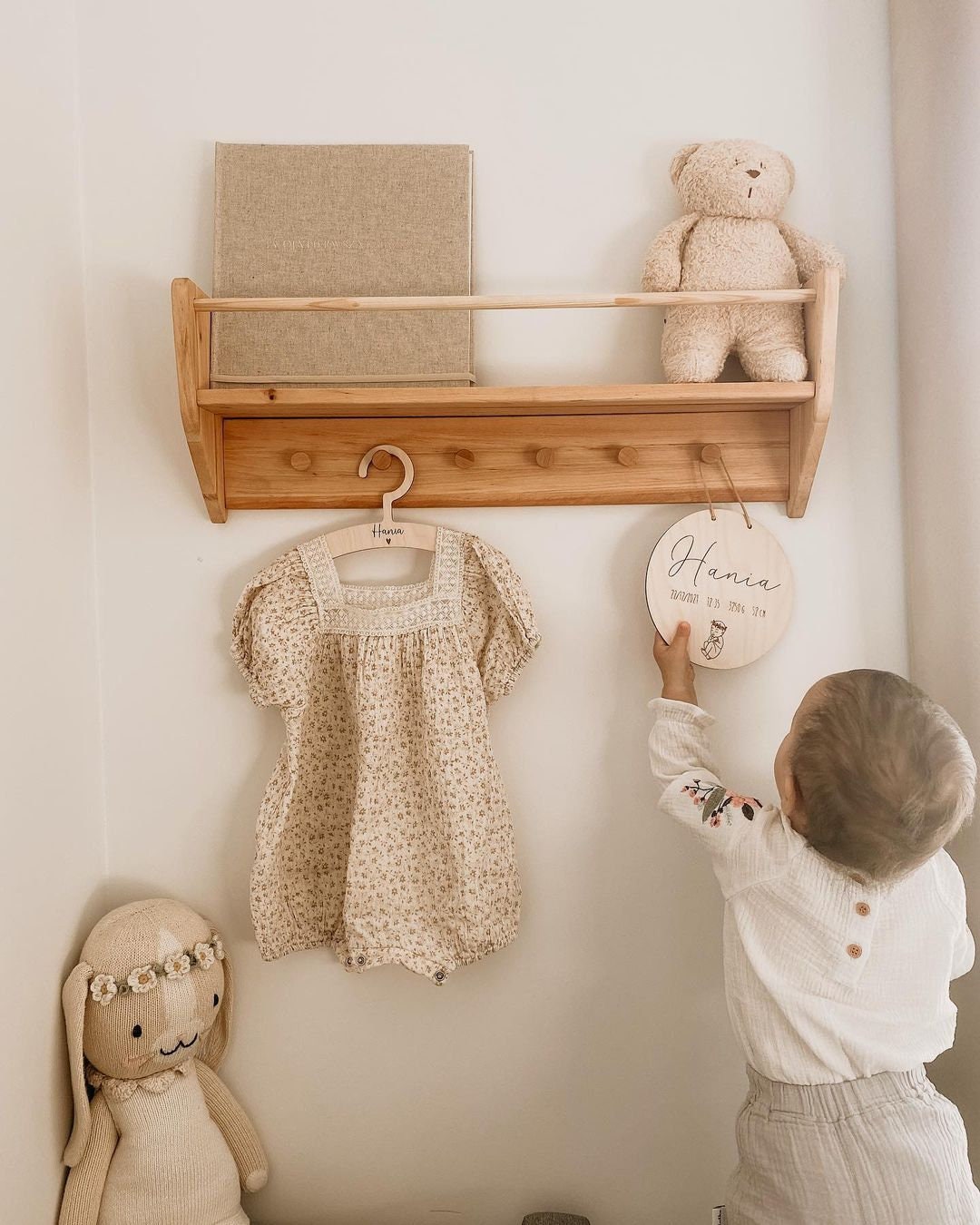 Nursery Shelves Wall Decor, Baby & Kids Room Shelves, Wood Floating Shelf With Hooks, Babyroom Decoration