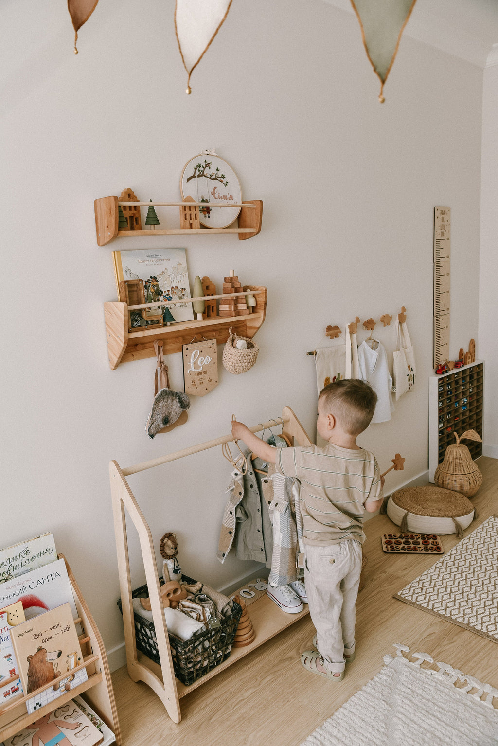 Nursery Shelves Wall Decor, Baby & Kids Room Shelves, Wood Floating Shelf With Hooks, Babyroom Decoration