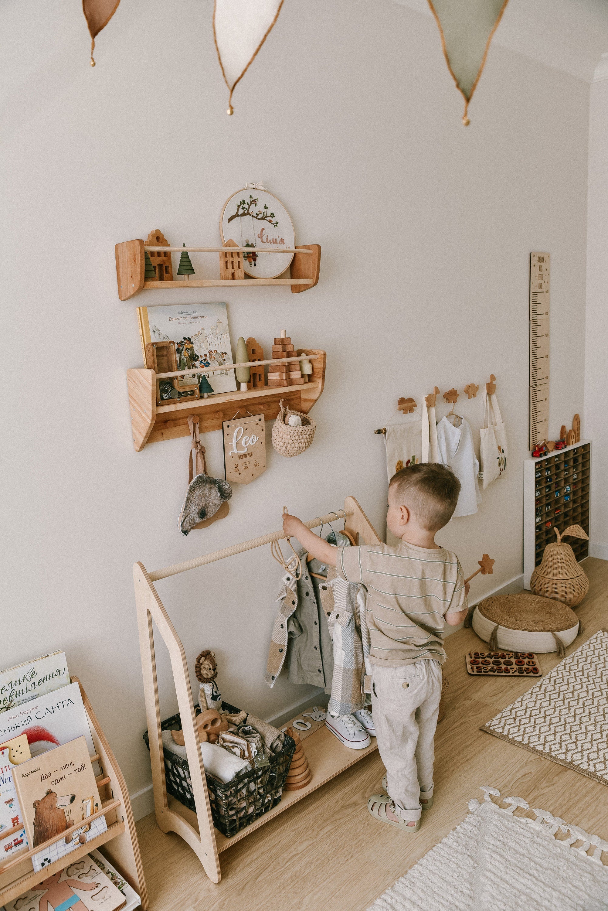Nursery Shelves Wall Decor, Baby & Kids Room Shelves, Wood Floating Shelf With Hooks, Babyroom Decoration