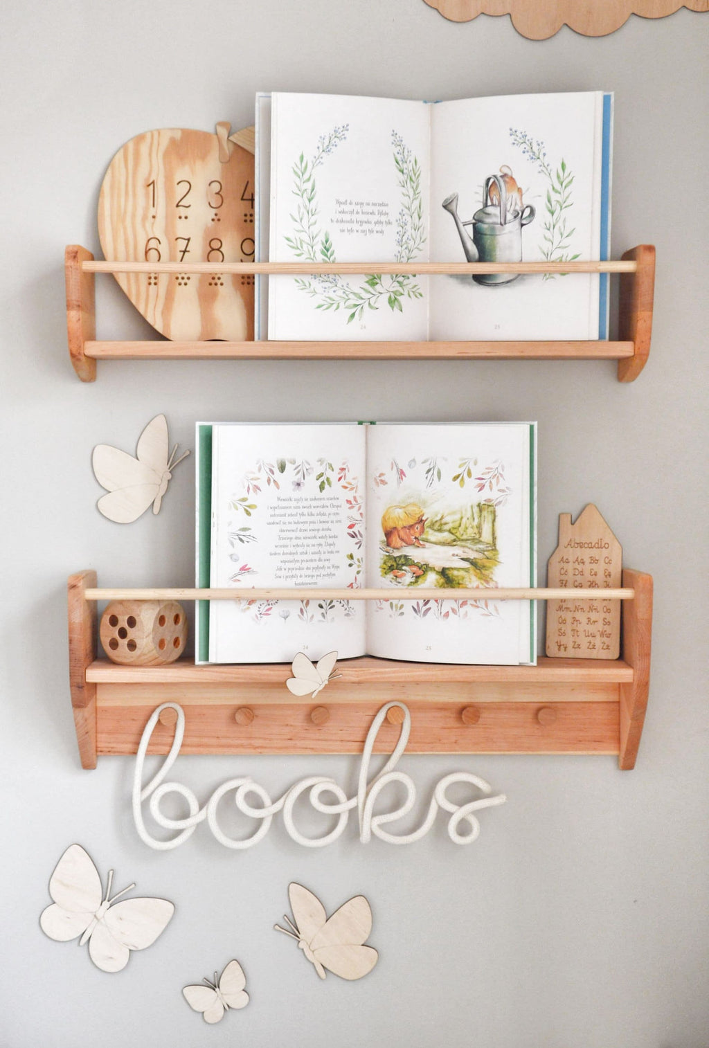 Nursery Shelves Wall Decor, Baby & Kids Room Shelves, Wood Floating Shelf With Hooks, Babyroom Decoration