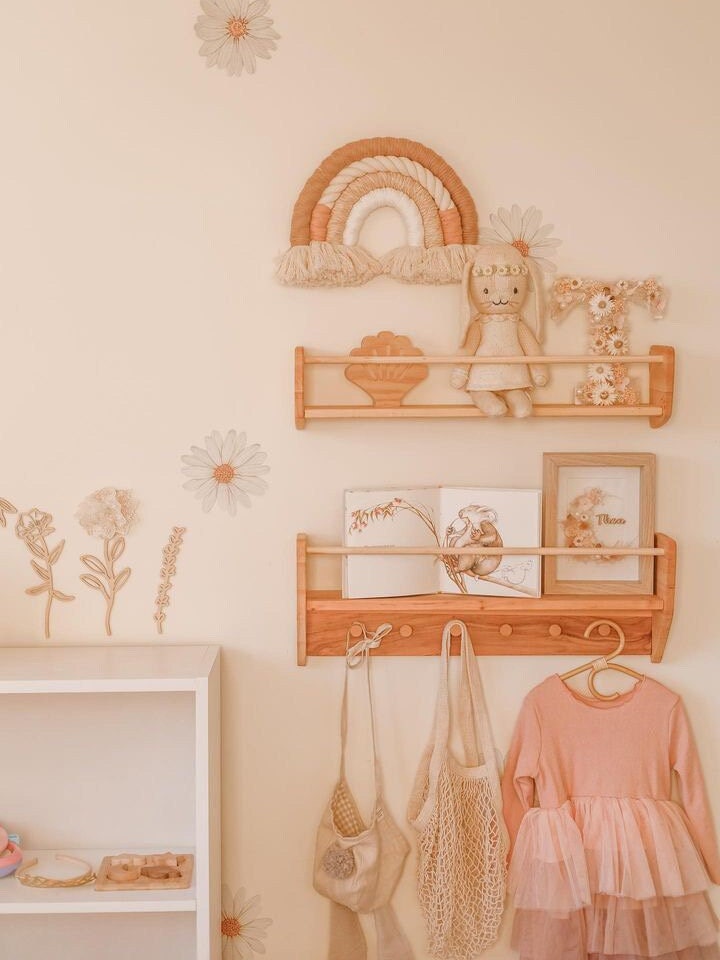 Nursery Shelves Wall Decor, Baby & Kids Room Shelves, Wood Floating Shelf With Hooks, Babyroom Decoration