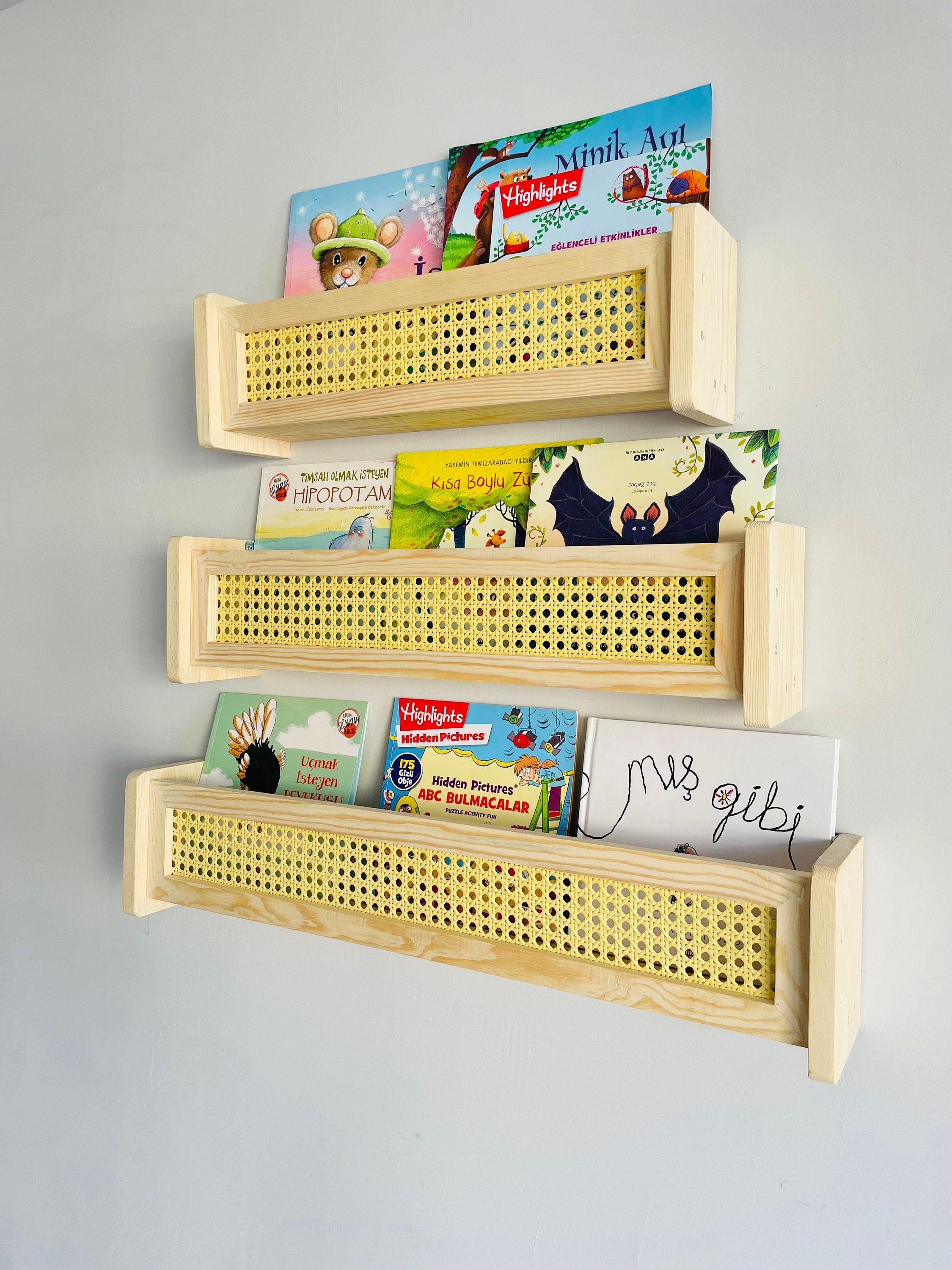 Rattan Bookshelf Wall Shelf - Kids Room Decor, Nursery Shelves.