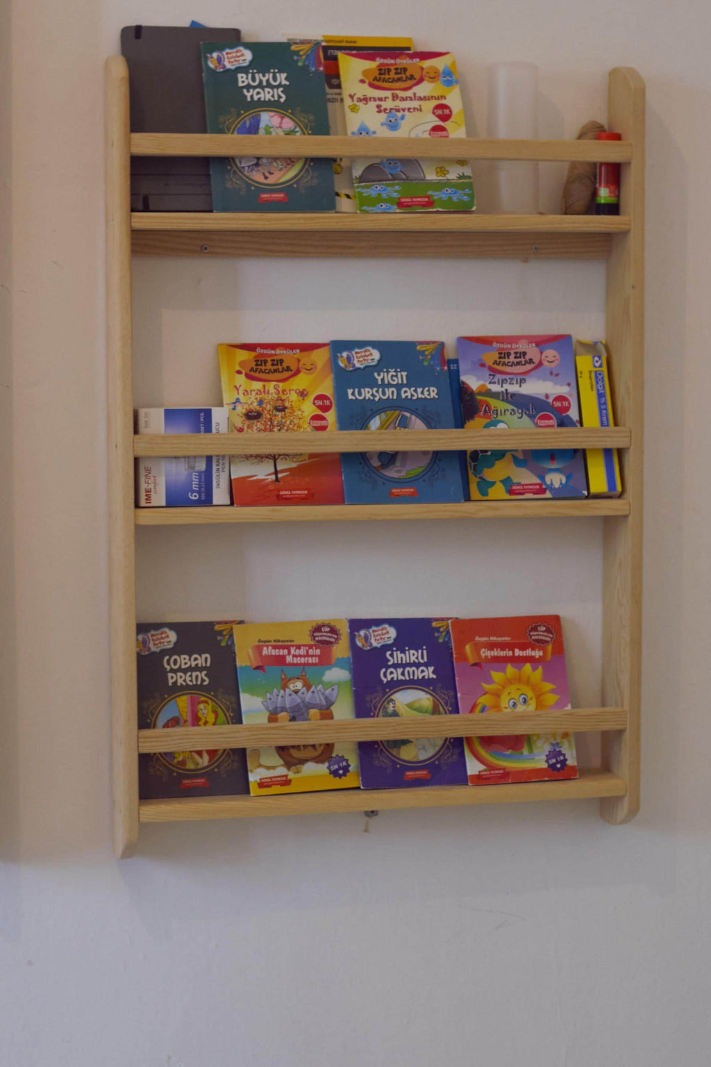 Wall Mounted Bookshelf For Kids, Natural Pine Toddler Book Rack, Eco-friendly Wooden Nursery Shelf Organizer