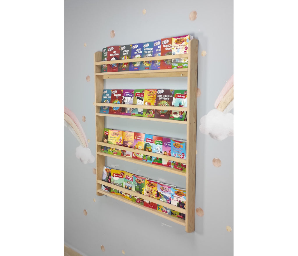 Wall Mounted Bookshelf For Kids, Natural Pine Toddler Book Rack, Eco-friendly Wooden Nursery Shelf Organizer