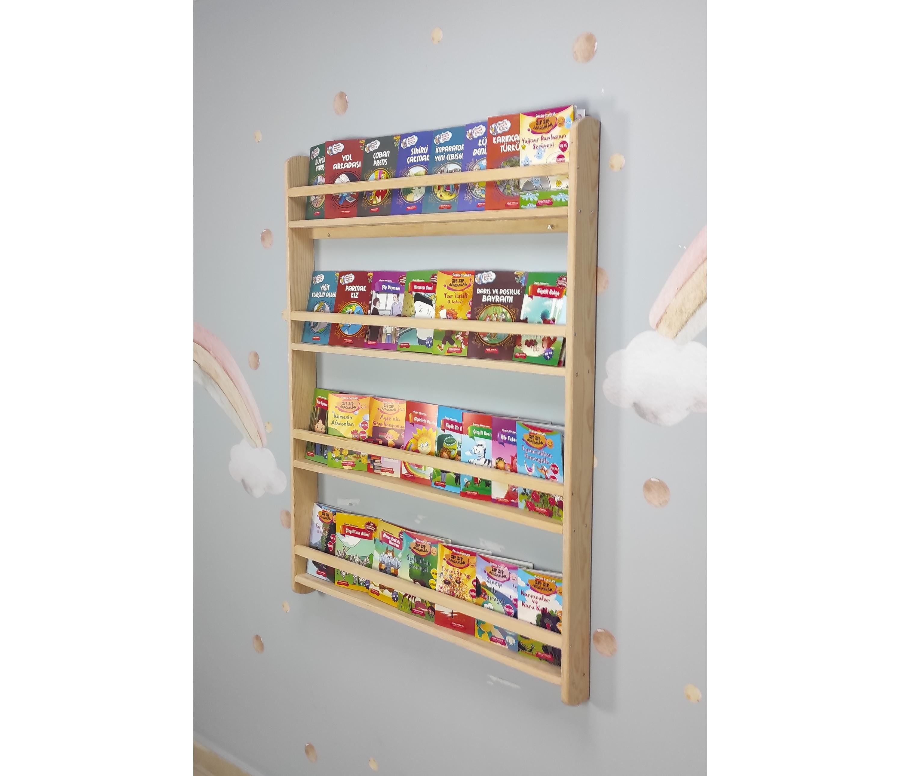 Wall Mounted Bookshelf For Kids, Natural Pine Toddler Book Rack, Eco-friendly Wooden Nursery Shelf Organizer