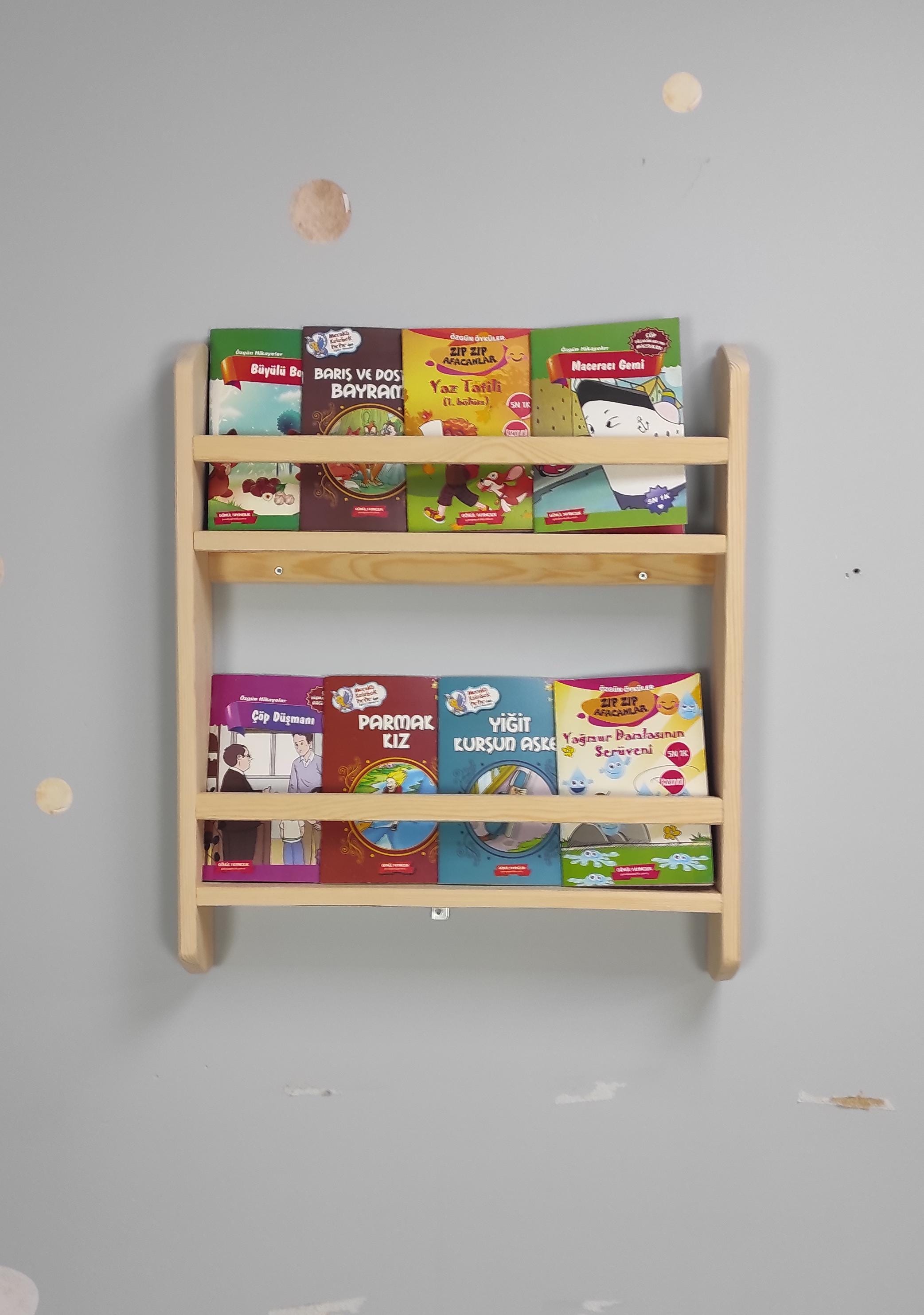 Wall Mounted Bookshelf For Kids, Natural Pine Toddler Book Rack, Eco-friendly Wooden Nursery Shelf Organizer