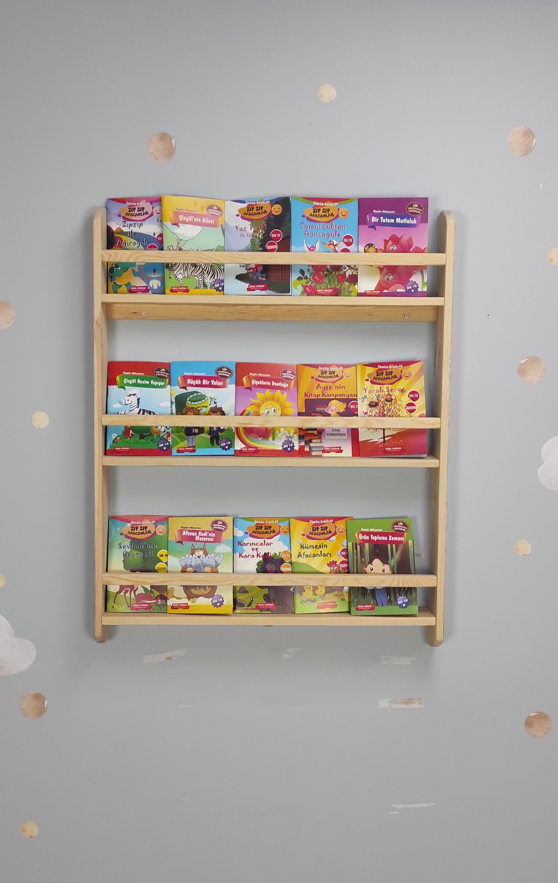 Wall Mounted Bookshelf For Kids, Natural Pine Toddler Book Rack, Eco-friendly Wooden Nursery Shelf Organizer