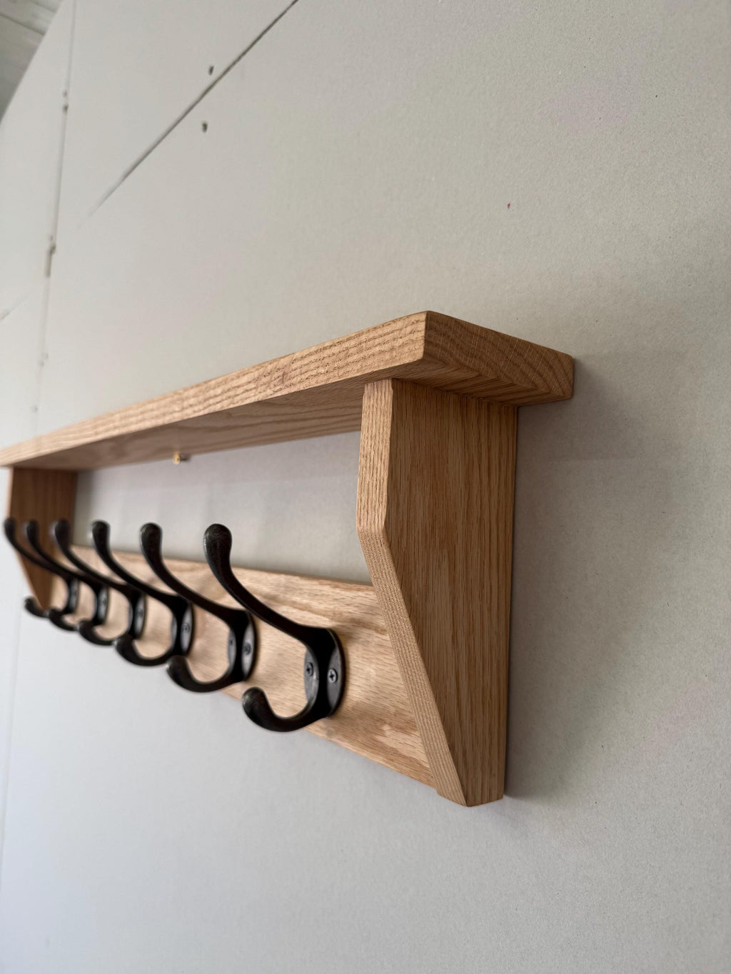 Handmade Solid Oak Coat Rack With Shelf | Cast Iron Hooks