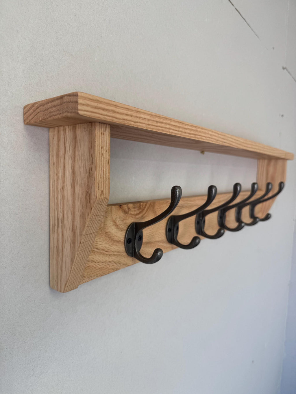 Handmade Solid Oak Coat Rack With Shelf | Cast Iron Hooks