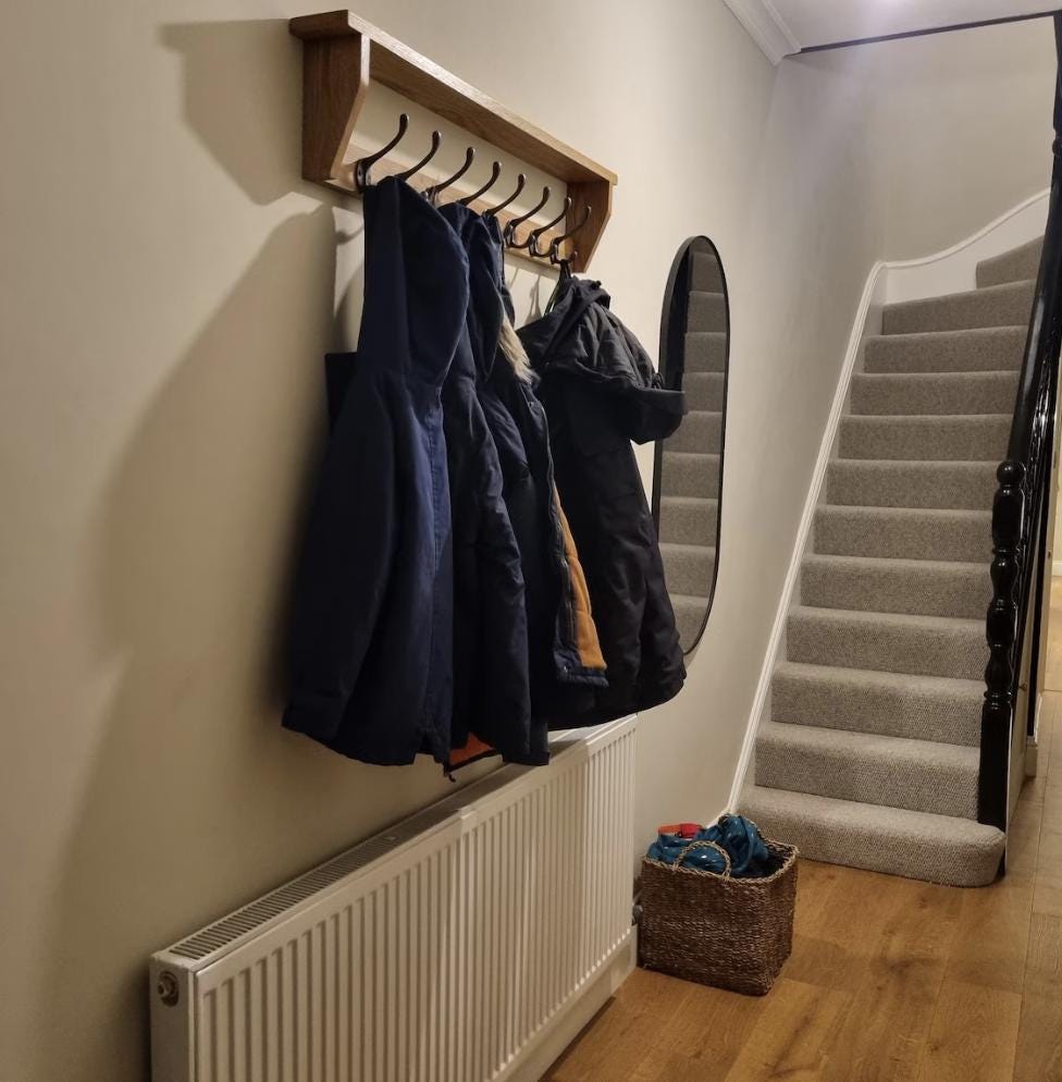 Handmade Solid Oak Coat Rack With Shelf | Cast Iron Hooks