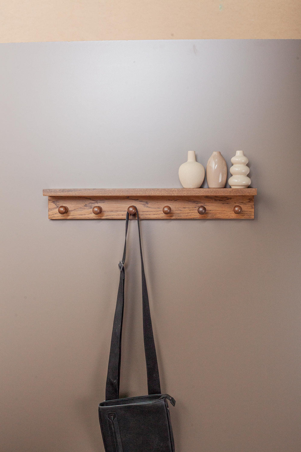 Oak Wooden Peg Shelf, Floating Wall Organizer With Hooks