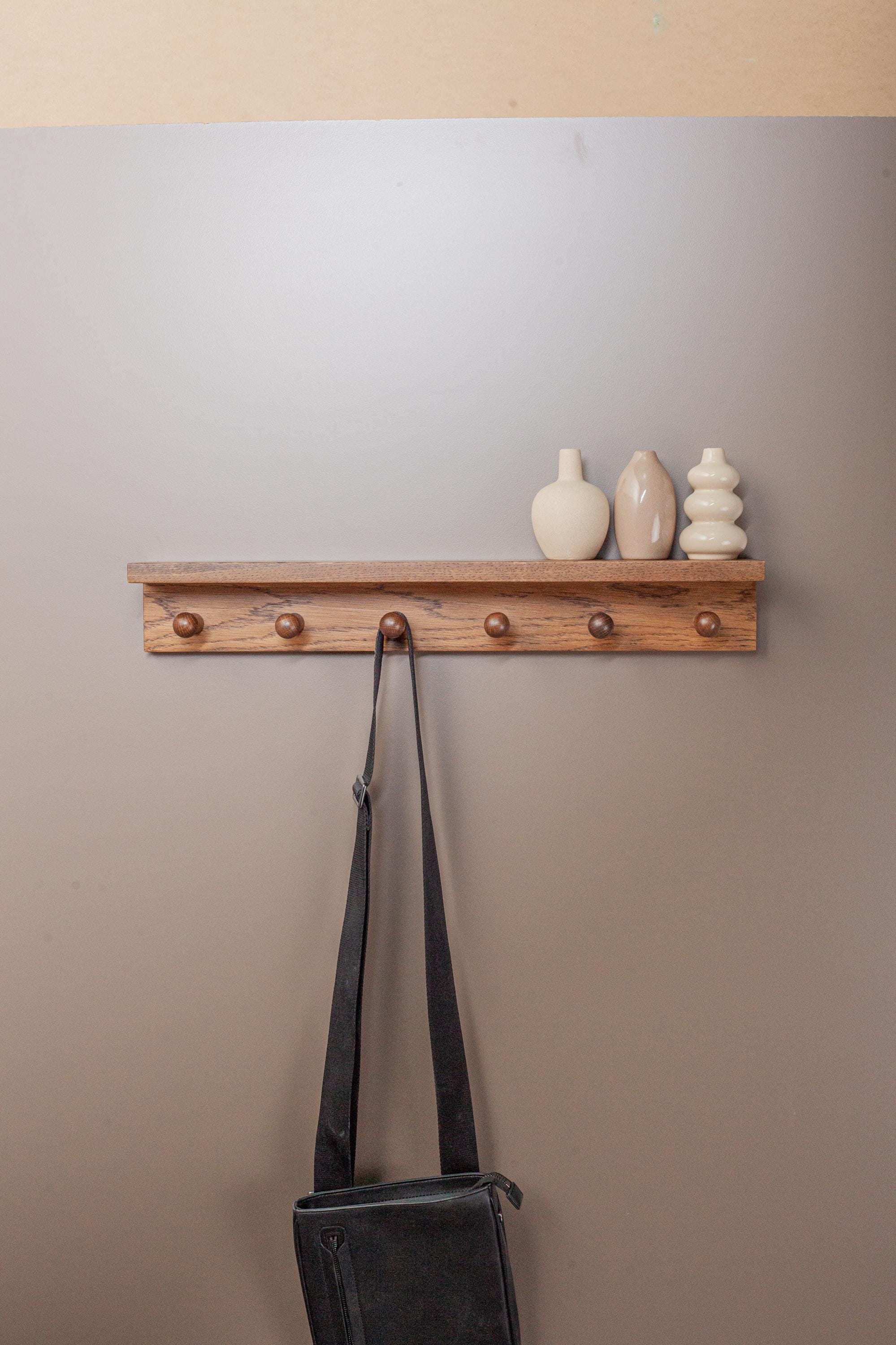 Oak Wooden Peg Shelf, Floating Wall Organizer With Hooks