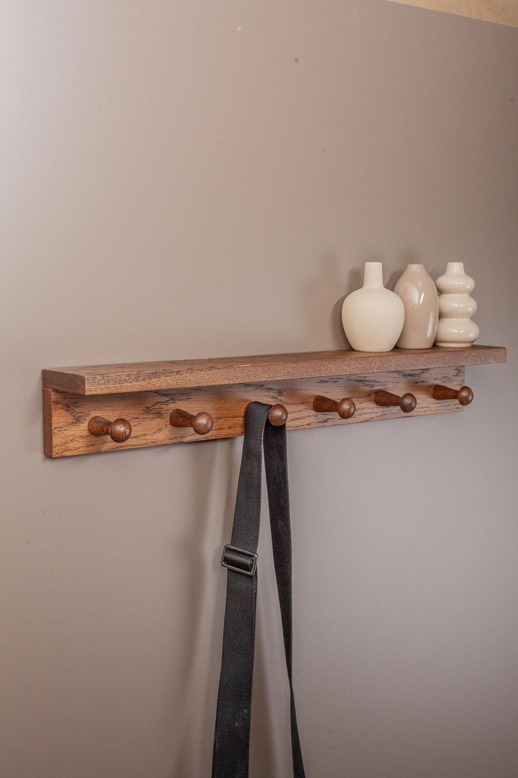 Oak Wooden Peg Shelf, Floating Wall Organizer With Hooks