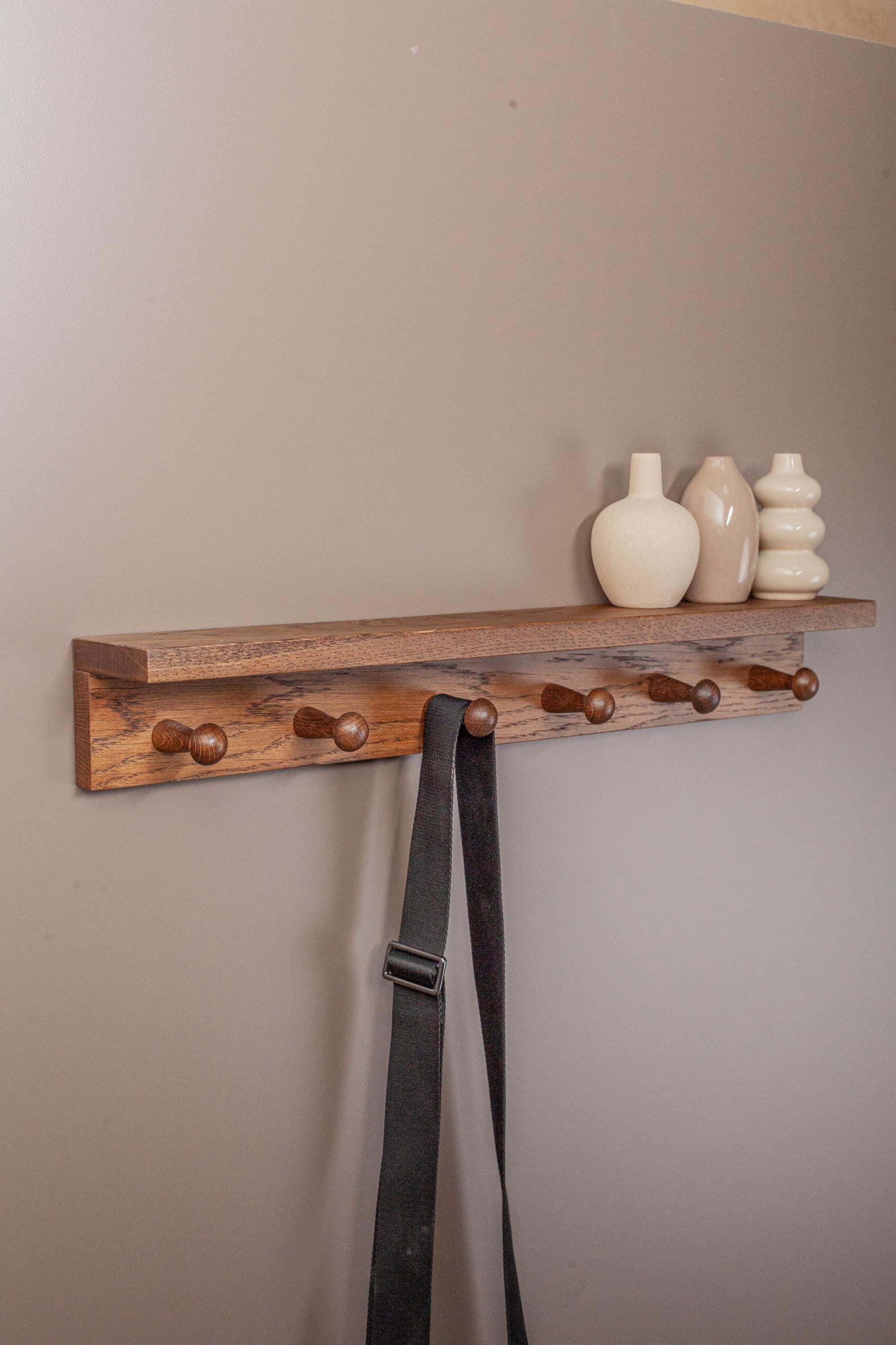 Oak Wooden Peg Shelf, Floating Wall Organizer With Hooks