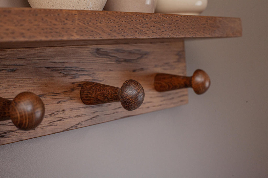 Oak Wooden Peg Shelf, Floating Wall Organizer With Hooks