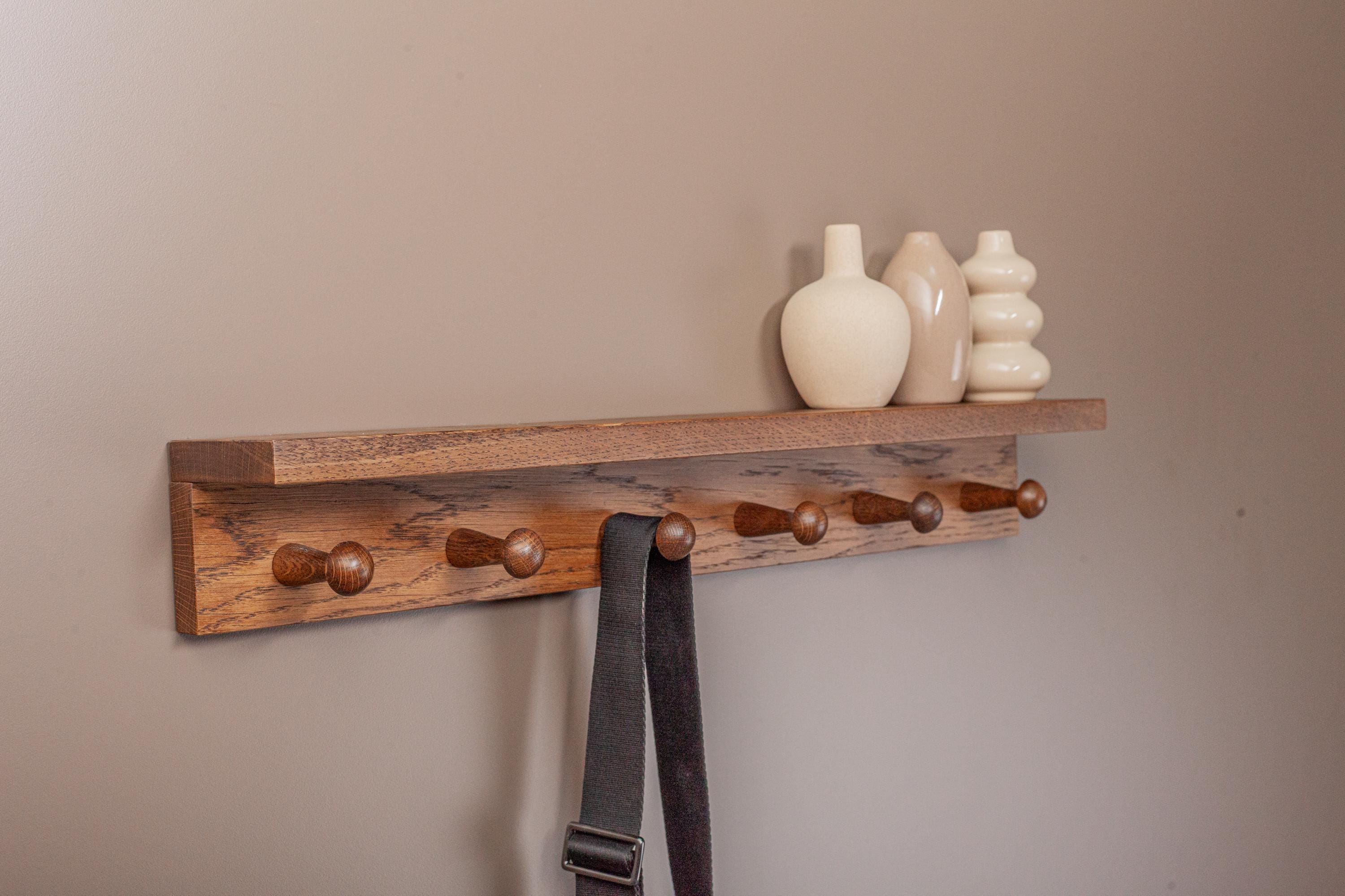 Oak Wooden Peg Shelf, Floating Wall Organizer With Hooks