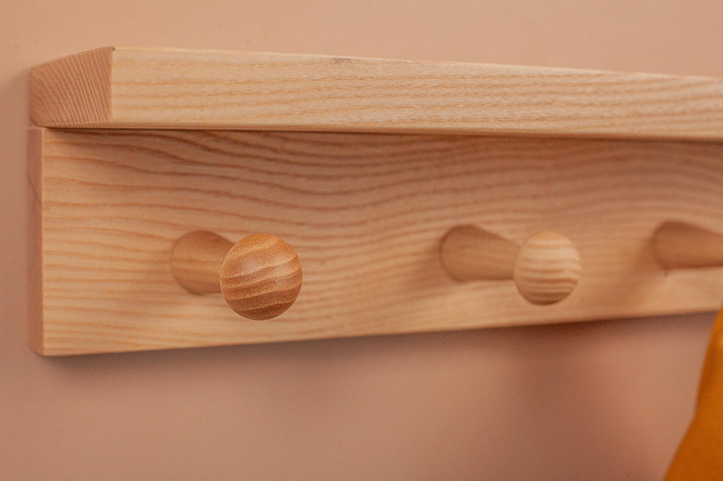 Oak Wooden Peg Shelf, Floating Wall Organizer With Hooks