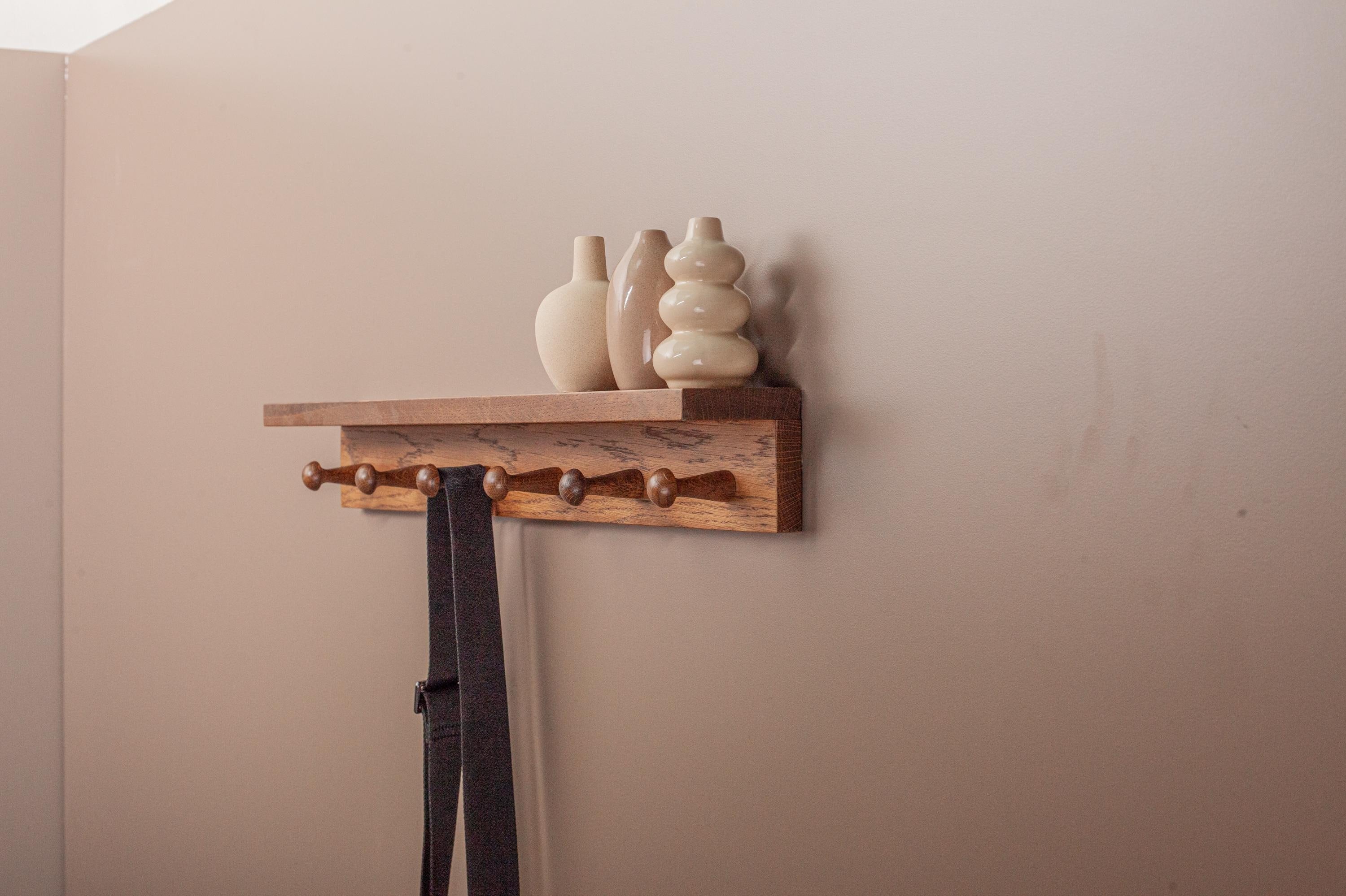 Oak Wooden Peg Shelf, Floating Wall Organizer With Hooks