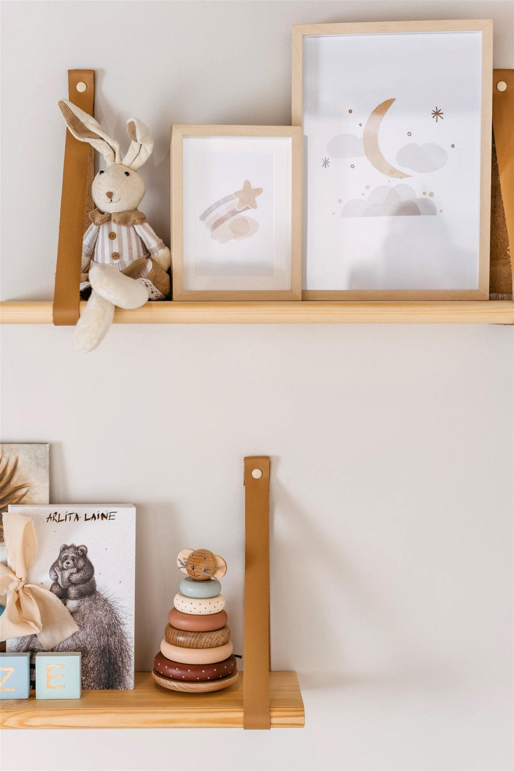 Nursery Hanging Bookshelf, Floating Wood Shelves With Leather Strap