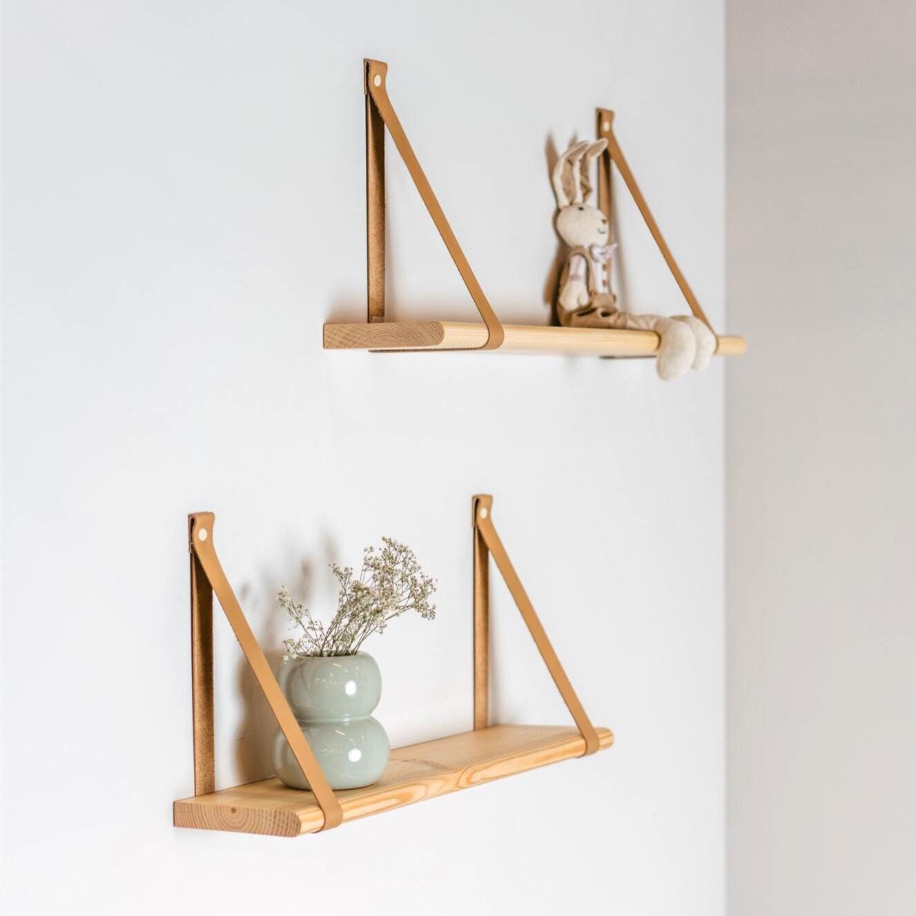Nursery Hanging Bookshelf, Floating Wood Shelves With Leather Strap