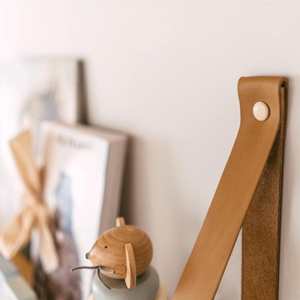 Nursery Hanging Bookshelf, Floating Wood Shelves With Leather Strap