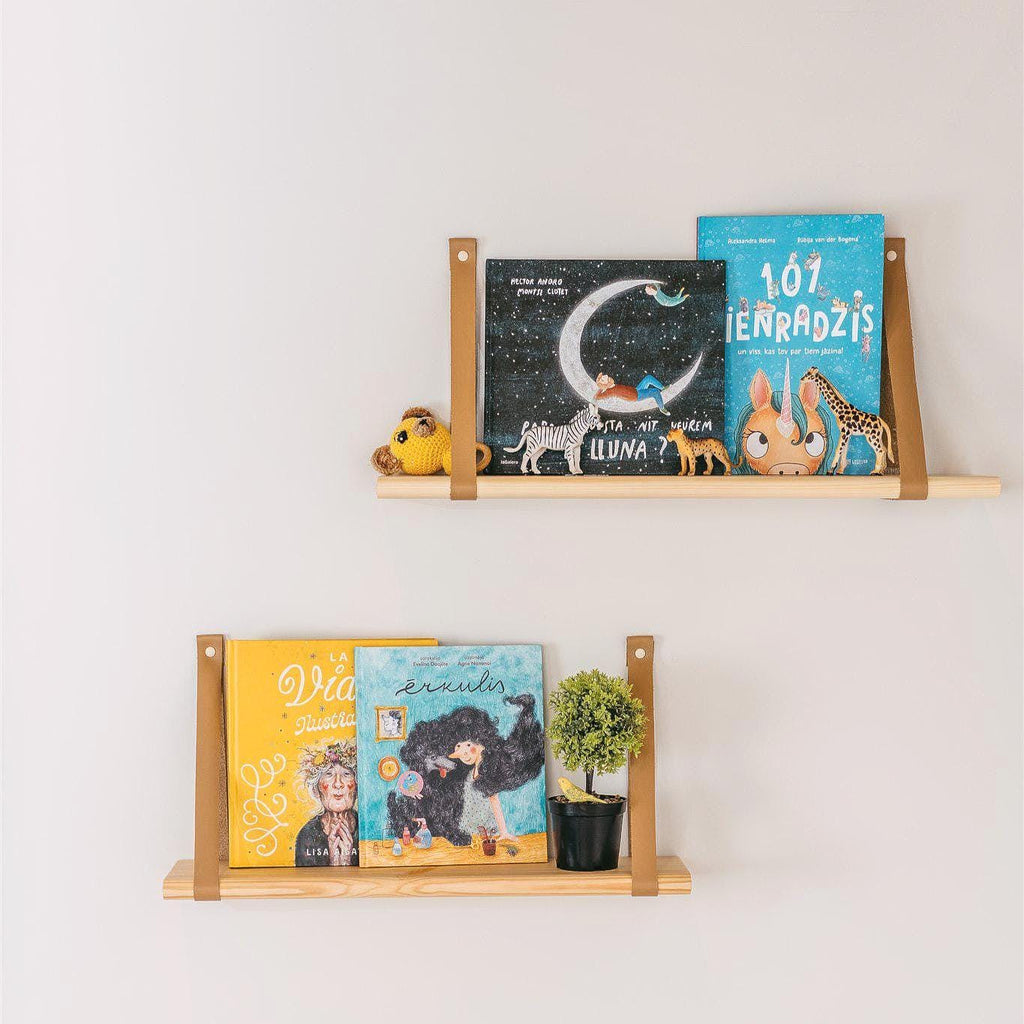 Nursery Hanging Bookshelf, Floating Wood Shelves With Leather Strap