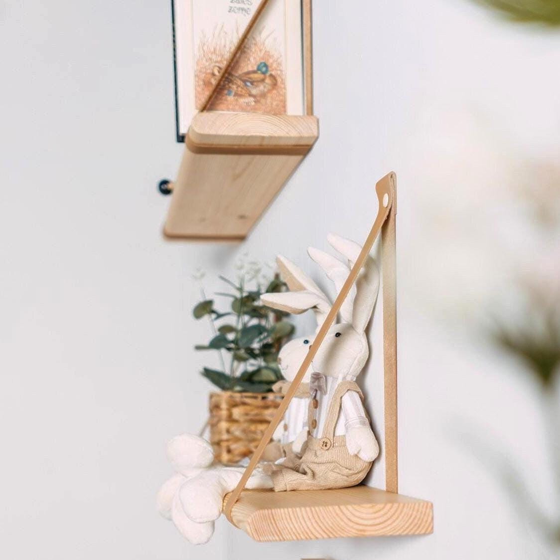 Nursery Hanging Bookshelf, Floating Wood Shelves With Leather Strap