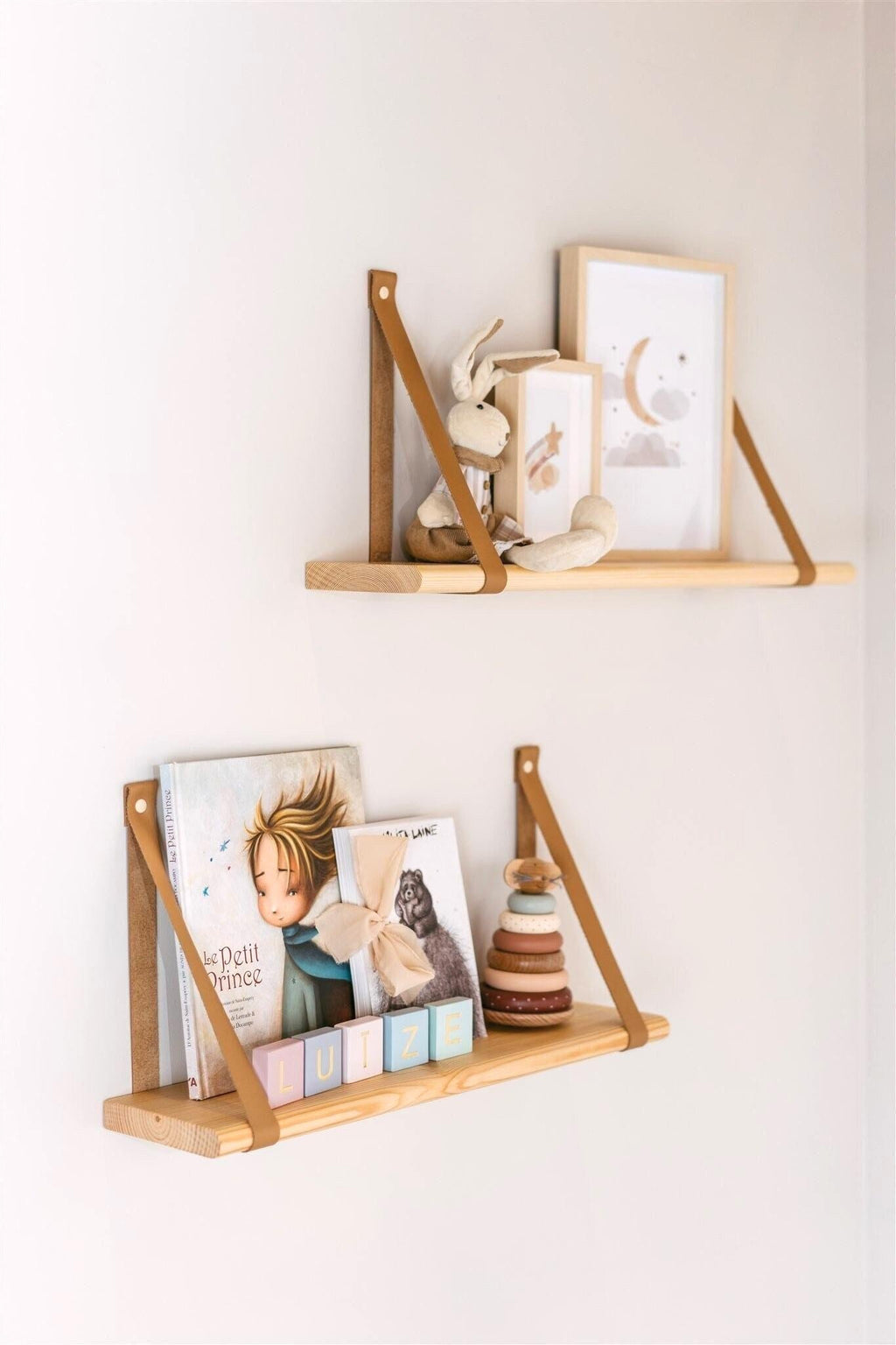 Nursery Hanging Bookshelf, Floating Wood Shelves With Leather Strap, Montessori