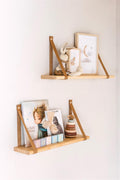 Nursery Hanging Bookshelf, Floating Wood Shelves With Leather Strap, Montessori