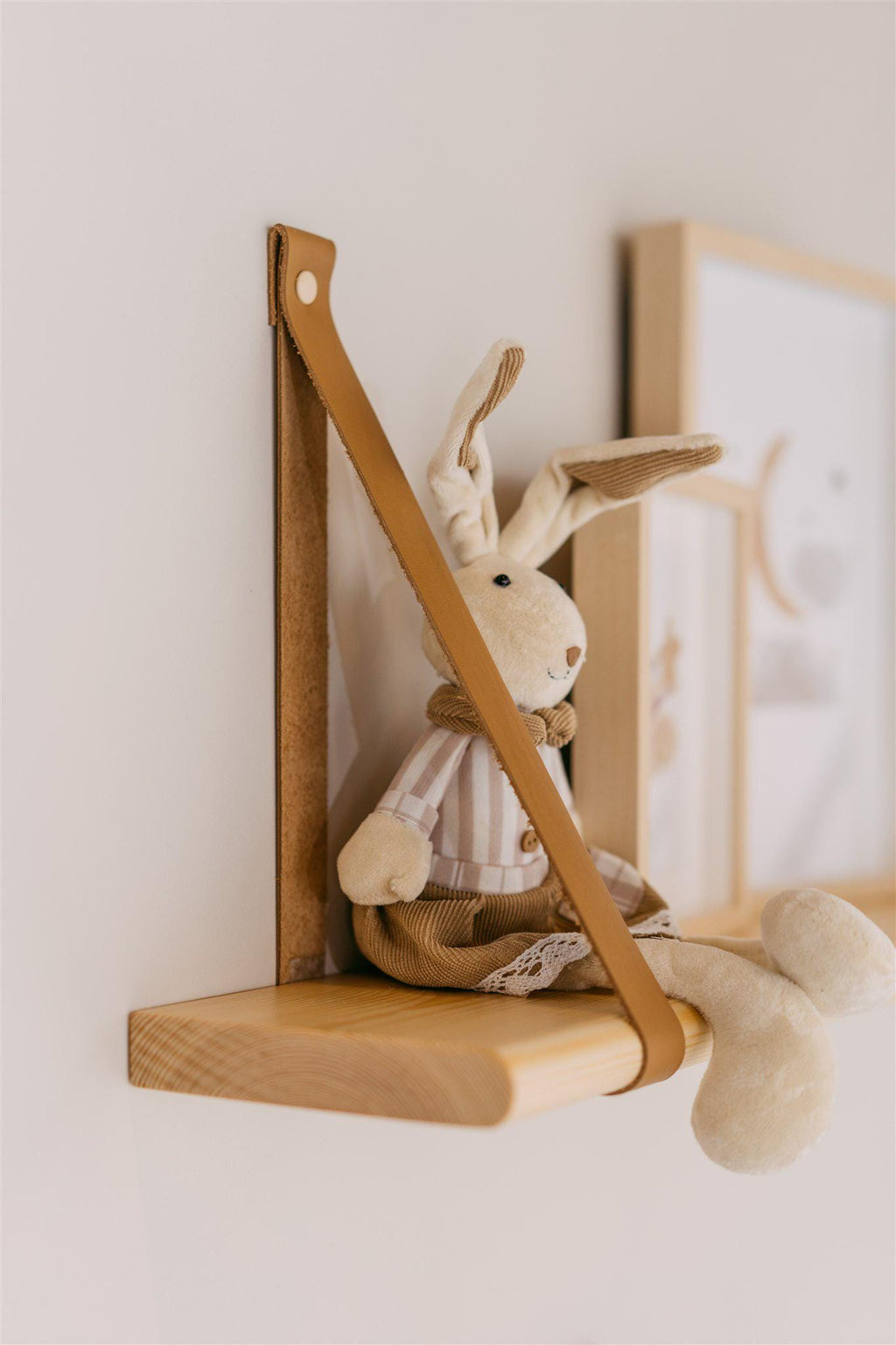 Nursery Hanging Bookshelf, Floating Wood Shelves With Leather Strap