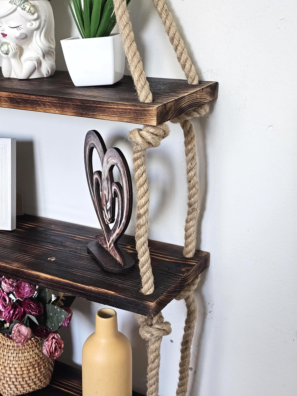 Rustic Wood Wall Shelf With Rope